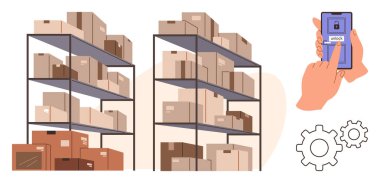 Depodaki metal raflara istiflenmiş karton kutular, akıllı telefondaki el yapımı kilit açma cihazı. Lojistik, envanter, depo yönetimi, e-ticaret, teknoloji, tedarik zinciri, dijital için ideal