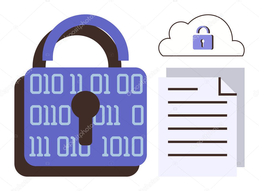 Vector of Lock displaying binary code, cloud with lock, and a document illustrating data protection. Ideal for cybersecurity, encryption, online safety, data security, privacy, digital safety simple flat Lock displaying binary code, cloud with lock, and a document illustrating data protection. Ideal for cybersecurity, encryption, online safety, data security, privacy, digital safety simple flat stock vector