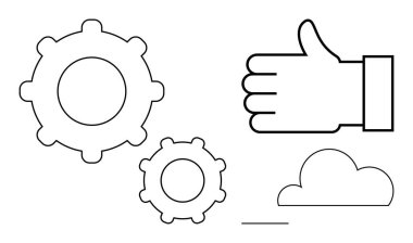 Büyük ve küçük vitesler, baş parmaklar yukarı, bulut ana hatlarıyla. Takım çalışması, üretkenlik, onay, yenilik, başarı, işbirliği için ideal basit bir iniş sayfası