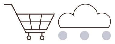 Elektronik ticaret, bulut depolama, dijital dönüşüm, çevrimiçi alışveriş, teknoloji, yenilik ve gelecekteki eğilimleri temsil eden tekerleklerle bağlı minimal alışveriş arabası ve bulut. Modern için ideal