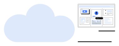 Video, grafik ve bildirimler için özellikler içeren bir web gösterge panelinin yanında mavi bulut. Bulut hesaplama, veri analizi, dijital çözümler, yenilik, teknoloji ve iş için ideal