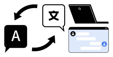 Okları, dizüstü bilgisayarı ve mesaj penceresi olan konuşma baloncukları içindeki harfler ve karakterler dil çevirisini ima eder. Küreselleşme için ideal, iletişim, eğitim, teknoloji, yapay zeka, işbirliği basit