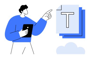 Tablet tutan kişi, altında bulut olan metin dokümanlarını gösteriyor. Teknoloji, üretkenlik, iletişim, eğitim, işbirliği, yaratıcı iş akışı için ideal, basit iniş sayfası