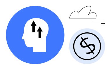 Yukarı doğru ok, bulut ve dolar işareti olan kafa profili. Finans, büyüme planlaması, üretkenlik, yenilik, iş zihniyeti, basit bir iniş sayfası oluşturma hedefi