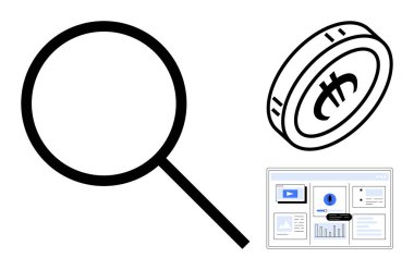 Büyüteç, Bitcoin madeni para ve kripto para, engelleme zinciri ve finans konularını vurgulayan kontrol paneli. Araştırma, yatırım, fintech, analitik teknoloji araştırması için ideal basit