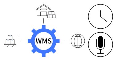 Eşyalar, el arabası, WMS, saat, dünya ve mikrofon işaretli bir depo. Tedarik zinciri, lojistik, teknik entegrasyon envanter verimlilik zamanı yönetimi için ideal basit iniş sayfası