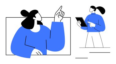 Meslektaşı tableti tutarken, bir kadın odak çerçevesini yukarı doğru işaret ediyor. Fikirler, takım çalışması, beyin fırtınası, sunum, işbirliği, koçluk, strateji, basit iniş sayfası için ideal