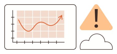 Şebekede yukarı doğru büyüyen bir ok, turuncu alarm sembolü, bulut simgesi. Veri analizi, teknoloji, risk yönetimi, bulut hesaplama, güvenlik tahmini iş büyümesi için ideal. Basit düz