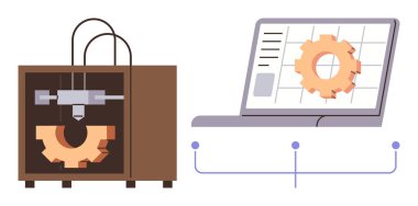 3D yazıcı CAD görüntüleme dizüstü bilgisayarın yanında turuncu dişli üretiyor. Üretim, teknoloji, yenilik, prototip, makine, tasarım geliştirme, dijital mühendislik için idealdir. Basit düz