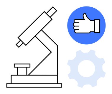 Mikroskop, başparmak kaldırma simgesi ve dişli taşıma araştırma, onay ve işlevsellik taşır. Bilim için ideal, üretkenlik, takım çalışması, iş akışı, yenilik, eğitim için basit iniş sayfası