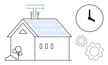 Evin içinde havalandırmayı gösteren güneş panelleri ve oklar var. Saat zamanı simgeler, dişliler verimliliği simgeler. Yenilenebilir enerji, yeşil teknoloji, verimlilik, sürdürülebilirlik ve çevre için ideal
