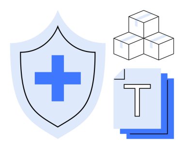 Tıbbi haçlı mavi kalkan, istiflenmiş belgeler ve kutular. Sağlık hizmetleri lojistiği, nakliye, tıbbi veriler, belgeler, güvenlik, basit iniş sayfası için ideal