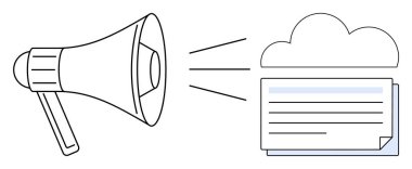 Bulut tabanlı belge deposuna megafon yansıtma ses dalgaları. İletişim, pazarlama, bulut teknolojisi, dijital paylaşım, yayıncılık, çevrimiçi mesajlaşma ve ağ kurmak için ideal. Basit düz