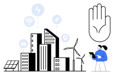 Binalar, rüzgar türbinleri, güneş panelleri, sürdürülebilirlik ve bağlantı simgeleri, hareket için el hareketi, tabletli kişi. Kentsel planlama, yenilenebilir enerji ve sürdürülebilirlik verileri için ideal