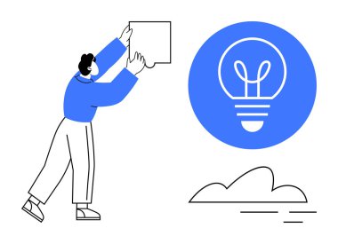 Parlayan ampul ikonunun yanına, fikirleri ve yenilikleri sembolize eden yapboz parçasını sığdırmaya çalışan kişi. Takım çalışması, yaratıcılık, beyin fırtınası, çözümler, girişimler, eğitim, basit iniş sayfası için ideal