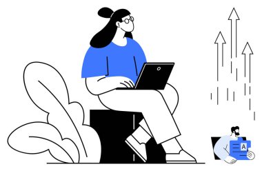 Dizüstü bilgisayarlı bir kadın, bitkinin yanına oturmuş ve büyüdüğünü gösteren oklar. Girdi, belge simgesini tutan figürü gösterir. Yenilik, büyüme, öğrenme, strateji, dijital çalışma, odaklanma teknolojisi için ideal