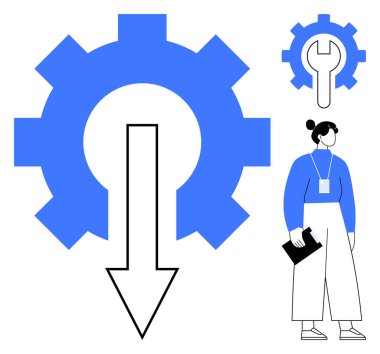 İş akışını ya da optimizasyonu sembolize eden aşağı doğru ok ile vites, profesyonel figür elinde bir pano. Süreç yönetimi, üretkenlik, otomasyon, sistem güncellemesi, takım çalışması, strateji için ideal