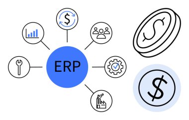 ERP sistem merkezi düğümü para, grafikler, araçlar, insanlar, üretim ikonları, birbirine bağlı süreçlere odaklanır. İş, finans, yönetim verimlilik teknolojisi işlemleri için ideal