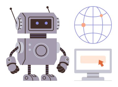 Antenli robot, düğümlü stilize dünya ve işaretli bilgisayar ekranı. Teknoloji, yapay zeka, robot bilimi, küresel bağlantı, yenilikçi eğitim makinesi eğitimi için ideal. Basit düz metafor
