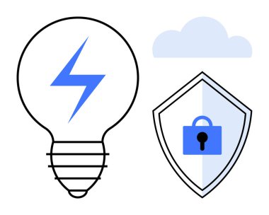 İçinde mavi yıldırım olan bir ampul, içinde kilit olan bir kalkan, bulut şeklinde. Temalar için ideal yenilik, siber güvenlik, enerji, bulut hesaplama, koruma, teknoloji yaratıcı
