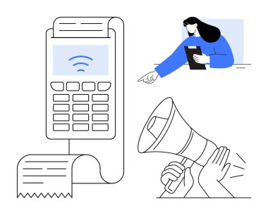 Kablosuz sinyal ve makbuzlu ödeme terminali elinde tablet tutan kadın, elinde megafon tutan eller. Dijital ödeme, pazarlama, e-ticaret, perakende, reklam, müşteri hizmetleri için ideal