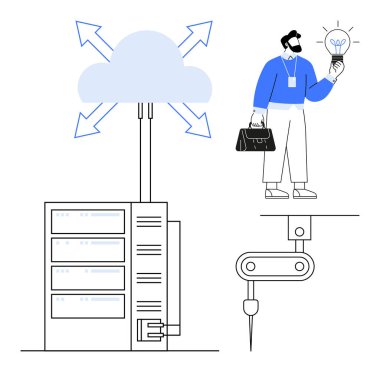 İş adamı veri sunucularının yanında bulut ağına bağlı ampul tutuyor. Oklar veri akışını gösterir. Teknoloji, yenilik, bulut hesaplama, veri yönetimi, dijital dönüşüm için ideal