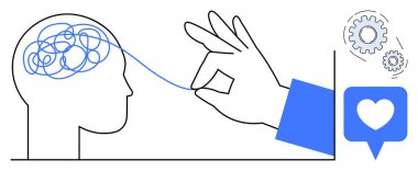 Kıvrımlı çizgileri olan insan kafası, mavi ipliği çeken el, empatiyi sembolize eden kalp ikonu, problem çözmede vites simgeleri. Zihinsel sağlık, berraklık, farkındalık, duygular, yaratıcılık için ideal