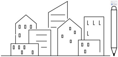 Şehir planlama, tasarım ve yenilikleri sembolize eden temiz çizgileri olan geometrik binalar. Mimarlık, mühendislik, yaratıcılık, şehir planlaması, eğitim, basitlik için ideal