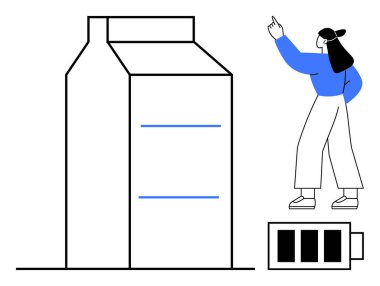 Batarya simgesinin yanında minimalist tasarımı olan büyük boy süt kutusu ve yukarı bakan insan. Sürdürülebilirlik, sağlık, beslenme, enerji, eko-bilinç, farkındalık, eğitim için idealdir. Düz
