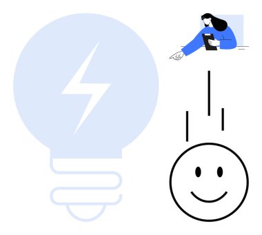 Yıldırımlı ampul, oklu gülen yüz, tablet kullanan insan. Yenilik, yaratıcılık, motivasyon, beyin fırtınası, öğrenme, üretkenlik için ideal basit iniş sayfası