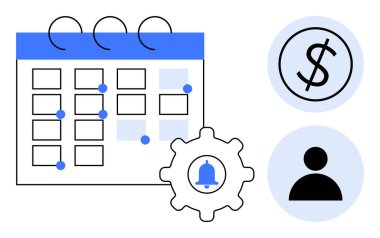 Tarih işaretleyicili takvim, dişli zil, dolar işareti ve kullanıcı simgesi. Program, finans, planlama, organizasyon zamanı yönetimi takım çalışmasını hatırlatıyor. Dengeli basit düz metafor