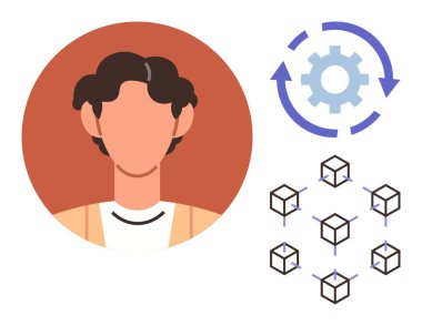 Minimalist portre, engelleme ağı şeması, bisiklet oklu mavi dişli. Teknoloji, yenilik, otomasyon, ağ oluşturma, dijital dönüşüm, iş akışı basit düz metaforu için ideal