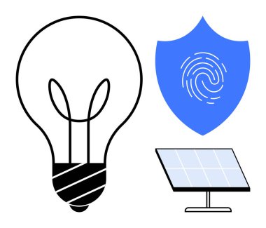 Ampul yaratıcılığı taşır, parmak izli mavi kalkan güvenliği gösterir, güneş paneli de sürdürülebilirliği. Teknoloji için ideal, eko-çözümler, yenilik, güvenlik, yenilenebilir enerji, yeşil