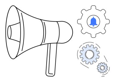 Uyarı çanı simgesiyle birlikte megafon dişlileri, iletişim araçlarını, sistem operasyonlarını, uyarıları, yönetim, takım çalışması, planlama ve modernize süreçleri sembolize eder. Teknoloji temalı için ideal
