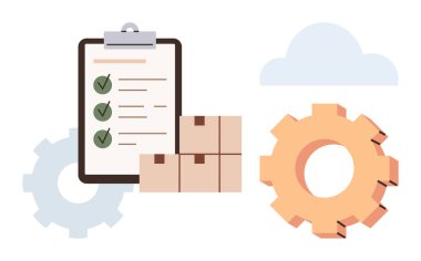 İşlem listeli pano, istiflenmiş kutular, vitesler, bulut temsil eden görev yönetimi, lojistik, depolama, nakliye, iş süreçleri, üretkenlik ve takım çalışması basit bir düz metaforda