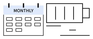 Aylık olarak bir pil simgesinin yanında işaretlenen takvim, zaman yönetimi, zamanlama ve enerji korumasını sembolize ediyor. Üretkenlik, organizasyon, verimlilik, teslim tarihleri için ideal