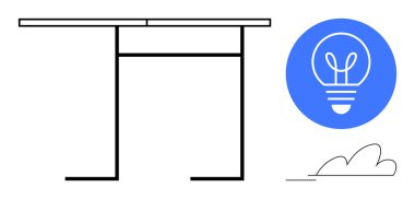 İnce çizgi masa tasarımı, biçimlendirilmiş bir bulutun yanında yaratıcılığı ve yeniliği temsil eden bir ampul ikonu ile eşleştirildi. Çalışma alanı kavramları, tasarım ilhamı, yaratıcılık ve yenilik için ideal