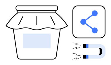 Kumaş kaplamalı kavanoz, paylaşımı simgeleyen nokta simgesi, çekici dalgalı mıknatıs. Kavramlar için ideal ağ oluşturma, paylaşma, koruma, bağlantı, çekim, işbirliği