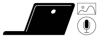 Dairesel bir mikrofon ikonu ve dikdörtgen görüntü ikonu ile silüette dizüstü bilgisayarı aç. Teknoloji, iş, iletişim, tasarım, sunum, multimedya, basit iniş sayfası için ideal