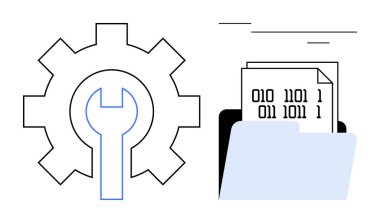 İkili kod dosyalarının bulunduğu klasörün yanında vites ve anahtar var. Yazılım geliştirme, sistem bakımı, teknoloji, programlama, kodlama, veri depolama, dijital çözümler için idealdir. Basit düz metafor