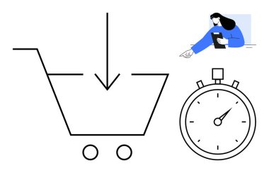 Aşağıya doğru ok atan alışveriş arabası, kronometre ve tableti olan biri. Ekommerce, hızlı işlemler, çevrimiçi perakende, tüketici davranışı, alışveriş verimliliği, zaman yönetimi için ideal