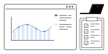 Veri noktaları ve çubukları olan etkileşimli çizelge, tamamlanmış görevleri olan kontrol listesi ve bir dizüstü bilgisayar. Analiz, ilerleme izleme, üretkenlik, proje yönetimi, hedef belirleme, planlama iş akışı için ideal