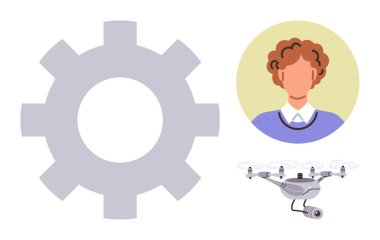 Teknolojiyi, yeniliği ve işbirliğini sembolize eden bir insan simgesi ve insansız hava aracının yanında süreçleri temsil eden büyük dişli. Teknoloji, otomasyon, takım çalışması, yenilik, endüstri mühendisliği için ideal