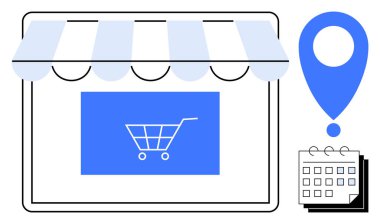 Çizgili tenteli, alışveriş arabası ikonu, harita iğnesi ve takvimi olan dijital mağaza önü. E-ticaret, yerel perakende, çevrimiçi pazar yeri, alışveriş çizelgesi, iş planlaması için ideal daire