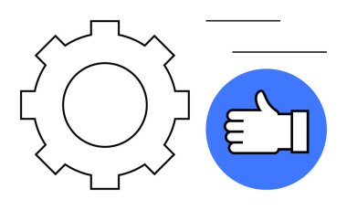 Takım çalışmasını, verimliliği ve organize iş akışını sembolize eden çizgileri içeren mavi çemberdeki vites ve başparmaklar. Teknoloji, otomasyon, imalat, kalite iyileştirme, başarı, takım çalışması için ideal basit