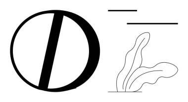 Kalın dairesel şekil çapraz bir çizgi, soyut yaprak figürü ve minimalist doğrusal aksanlarla kesişir. Tasarım, denge, soyut sanat, yaratıcılık, basitlik, modernite için ideal