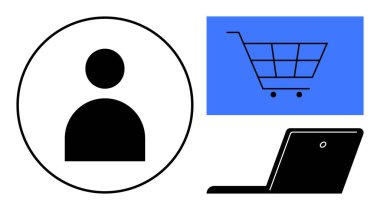 Kullanıcı profili simgesi, alışveriş arabası sembolü, dizüstü bilgisayar çevrimiçi alışveriş, e-ticaret, kullanıcı deneyimi, dijital pazarlama, perakende sektörü, tüketici davranışı, teknolojiye dayalı basit bir ticaret