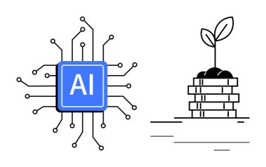 Devre bağlantıları olan yapay zeka işlemci çipi ve birikmiş paraların üzerinde filizlenen bir bitki. Teknoloji, yenilik, sürdürülebilirlik, büyüme, eko-finans, dijital dönüşüm için ideal, basit düz metafor