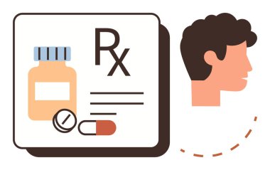 İlaçlı ilaç şişesi, reçete izi ve tıbbi tedavi gören erkek kafa profili. Sağlık, eczane, hasta bakımı, ilaç, tedavi, sağlık danışmanlığı için ideal