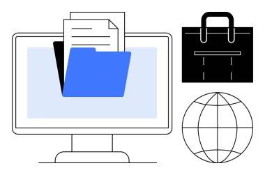 Masaüstü monitörü, bir evrak çantası ve bir dünya ile birlikte belgeleri mavi bir klasörde gösterir. Organizasyon, depolama, dijital iş akışları, uzaktan erişim, iş dünyası, küresel iletişim için ideal